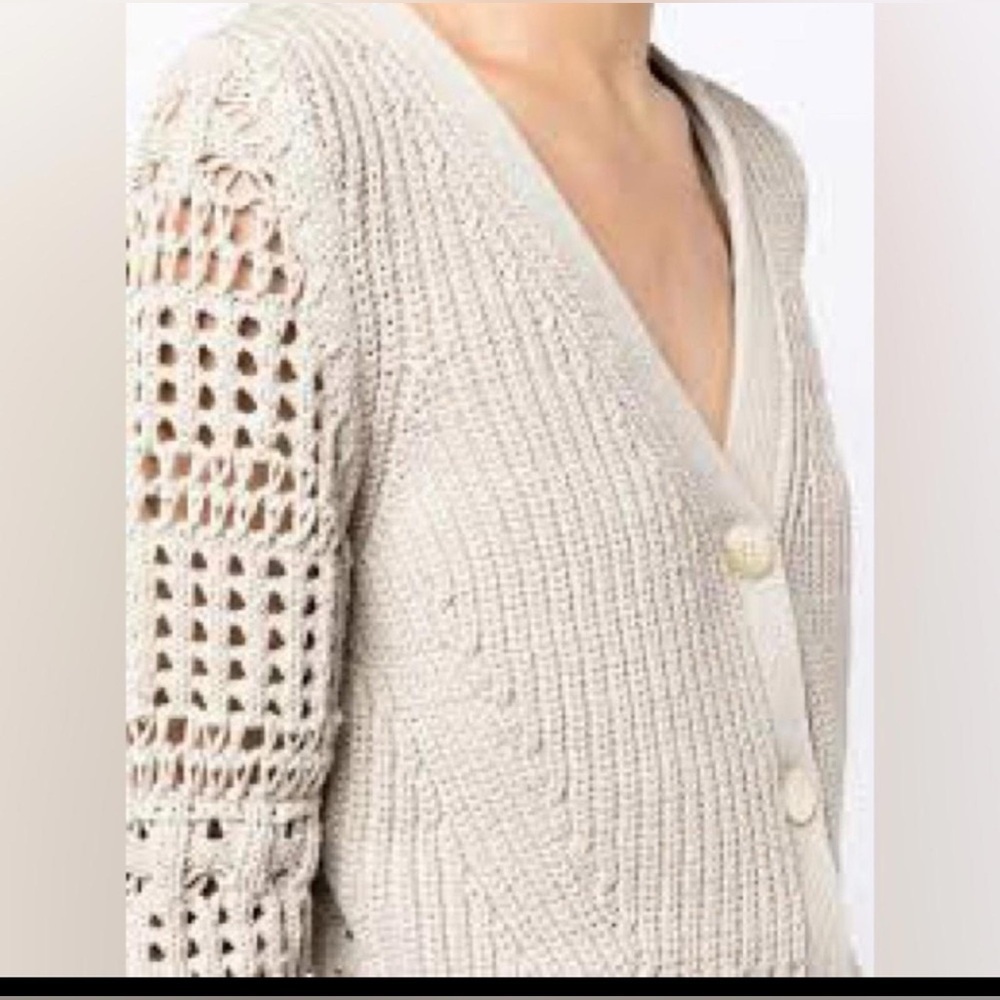 Jonathan Simkhai Adeline Crochet Sleeve V-Neck Cardigan Truffle Beige XS